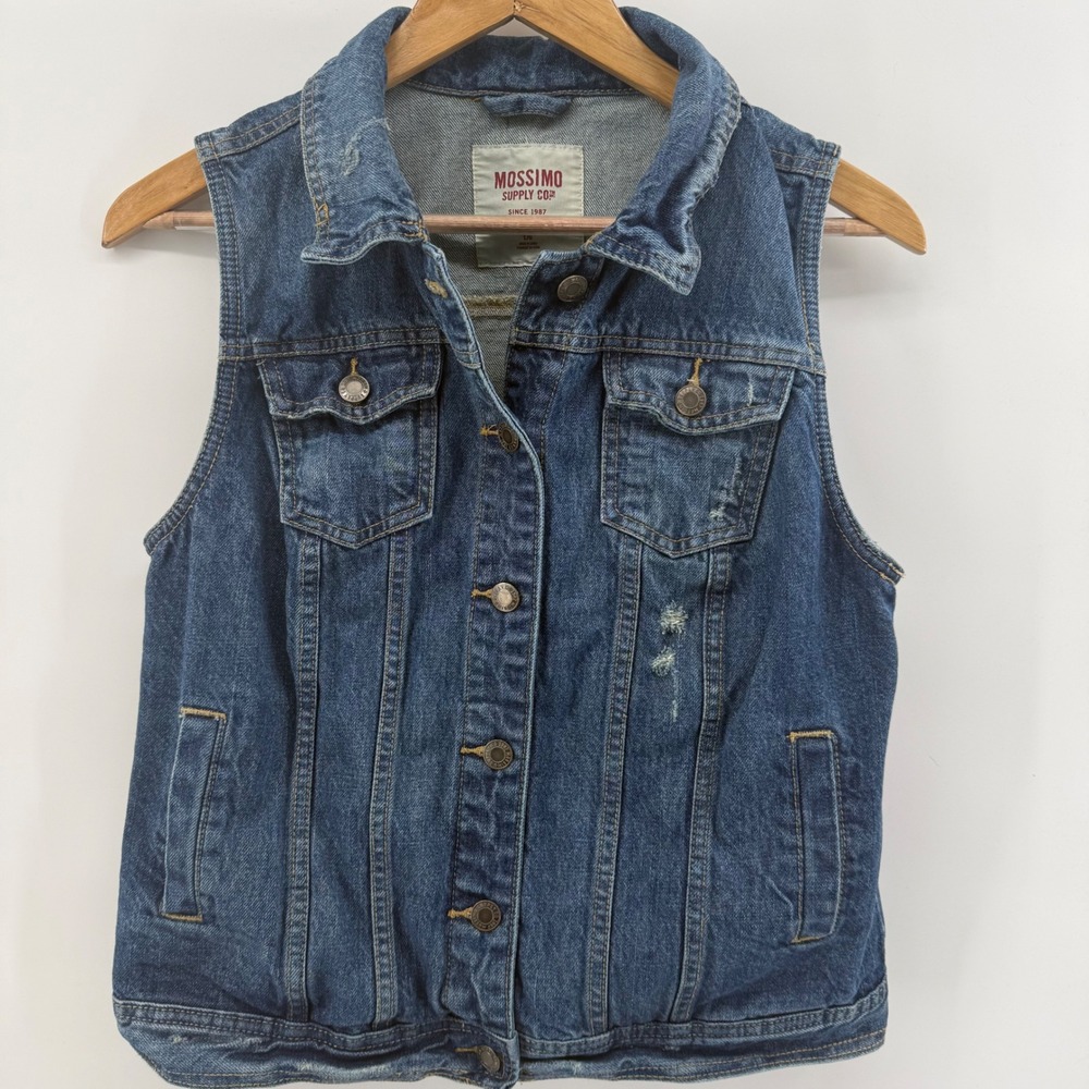 Mossimo Supply Co Womens Medium Wash Denim Vest Distressed Blue Jean Jacket L